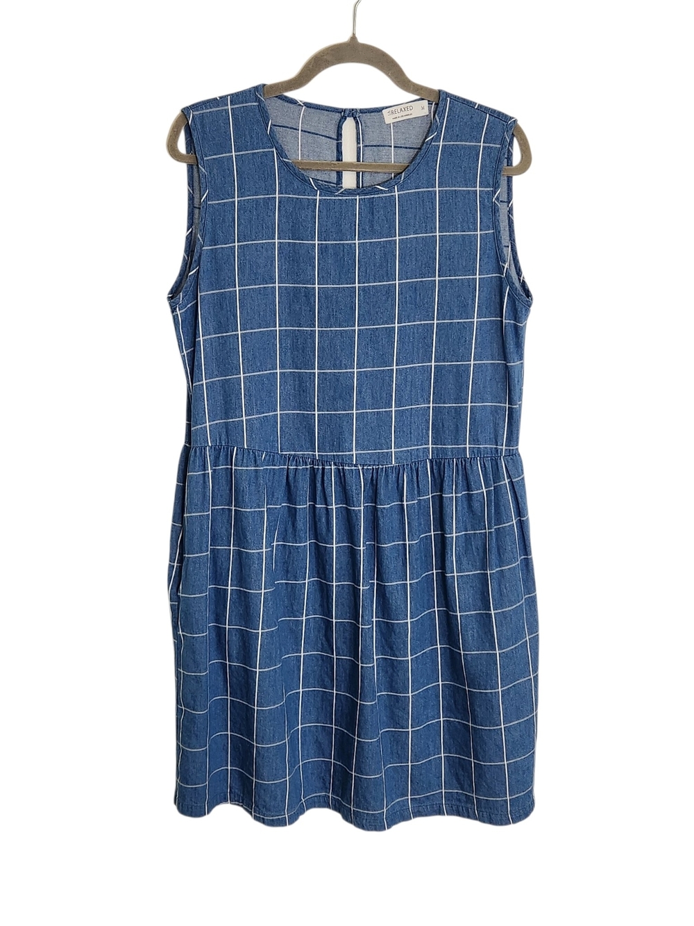 LA Relaxed Blue Denim Grid Print Sleeveless Mini Dress Size Medium